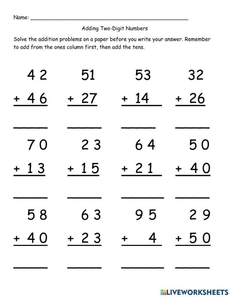 2nd Grade Math Worksheets 2 Digit Addition Without Regrouping