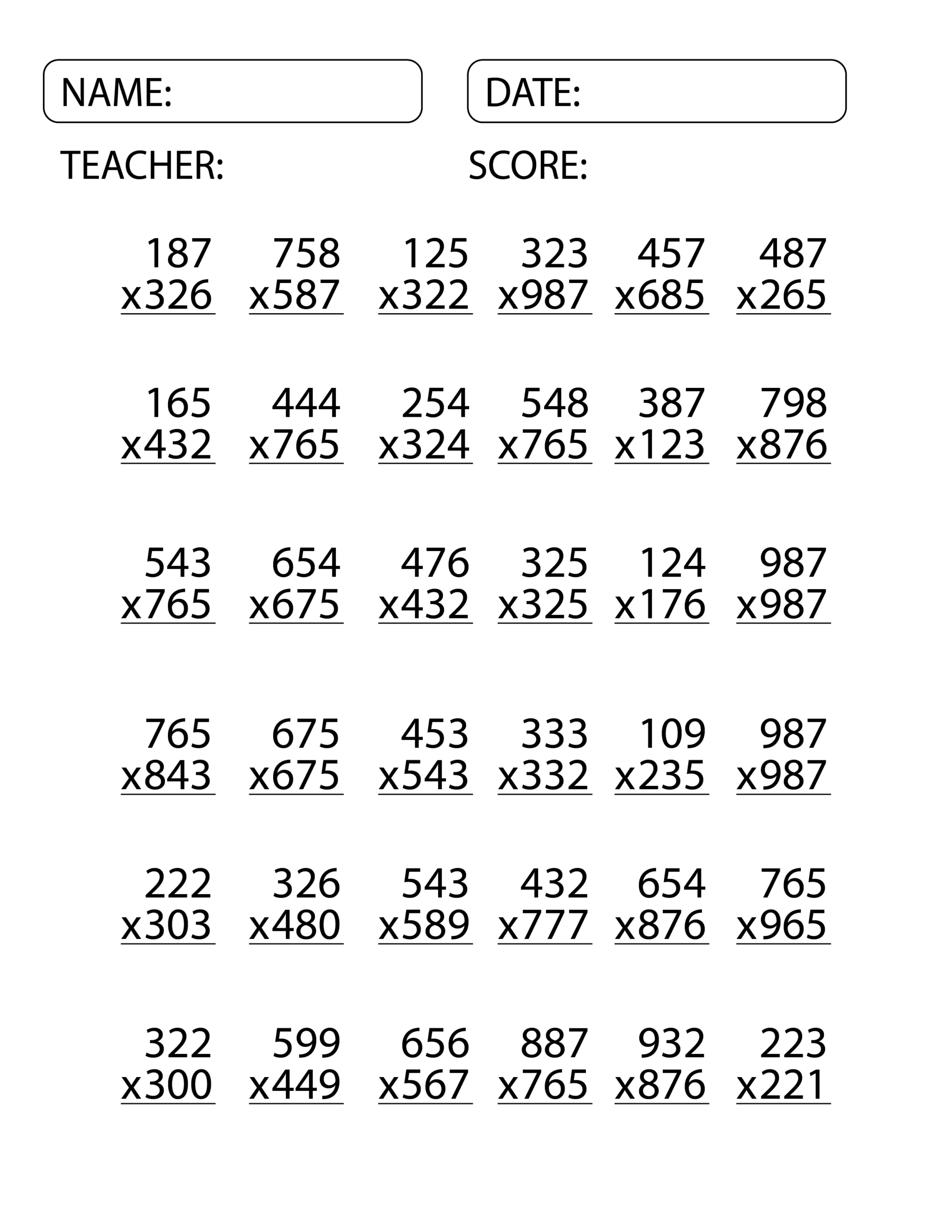 math worksheet multiplication