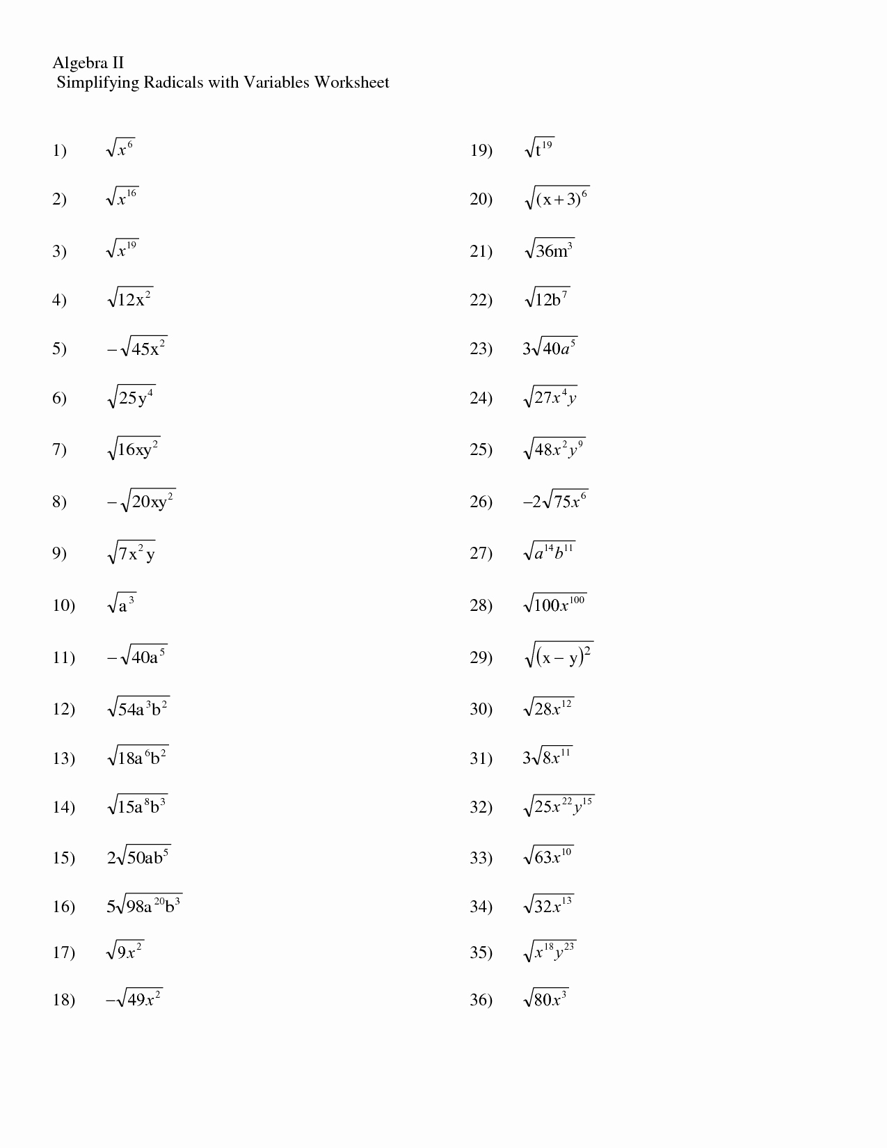 simplifying radical expressions worksheet