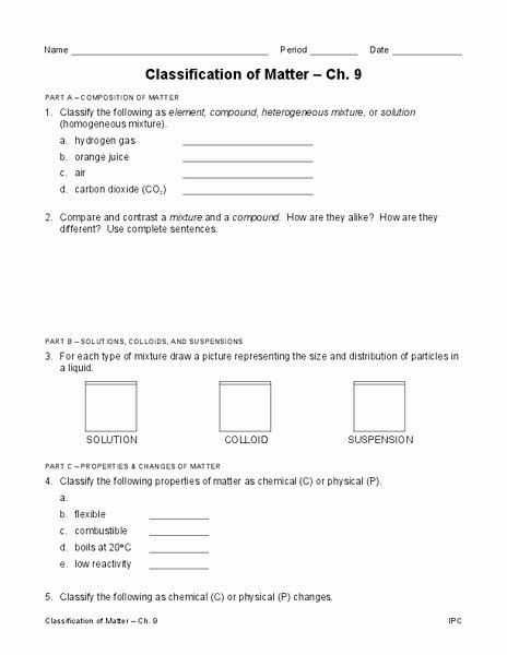 worksheet classification of matter