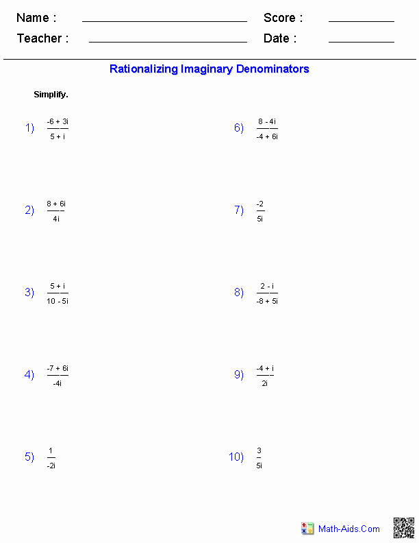 complex numbers worksheet