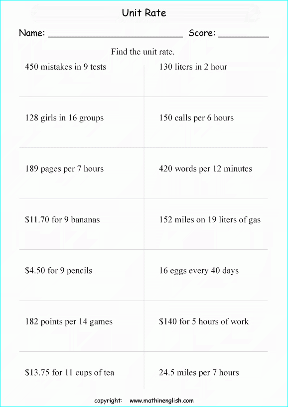 50 Finding Unit Rates Worksheet