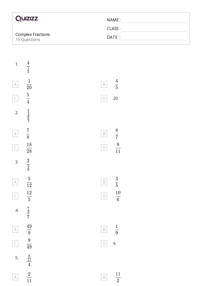 50 Fractions Worksheets For 6th Grade On Quizizz Free Printable 