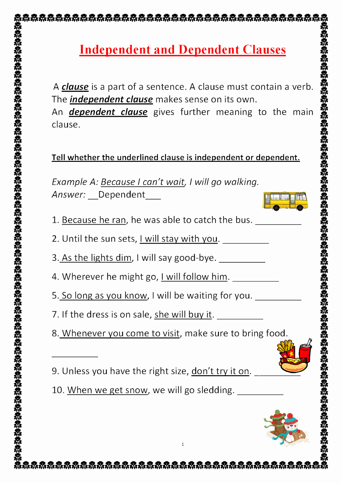 independent and dependent clauses worksheet