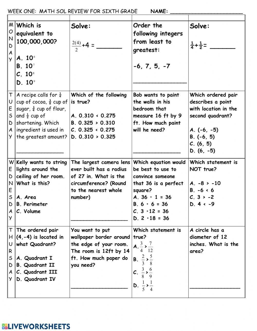 6th Grade SOL Review Worksheet Live Worksheets Worksheets Library