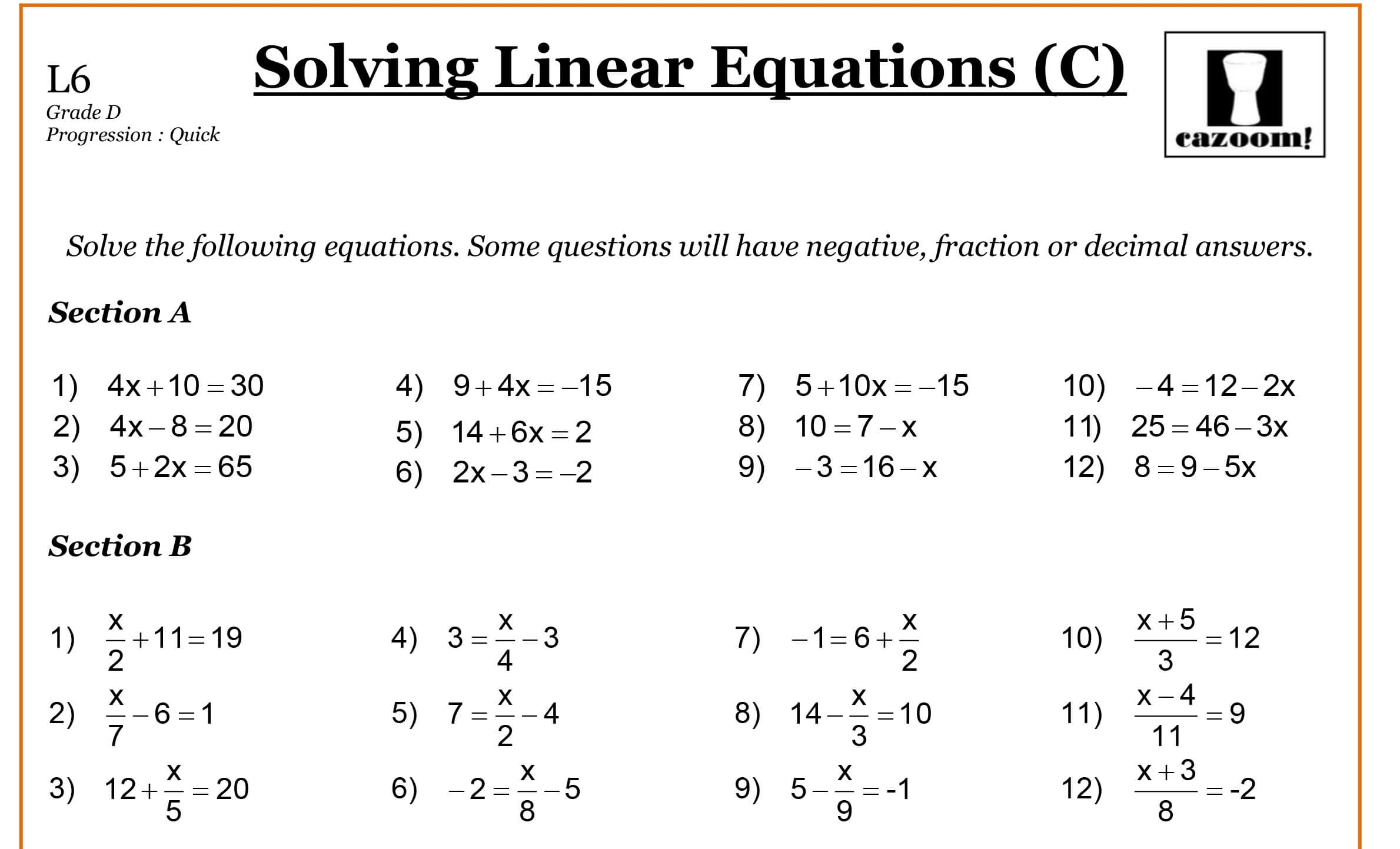 8th Grade Math Worksheets Linear Equations