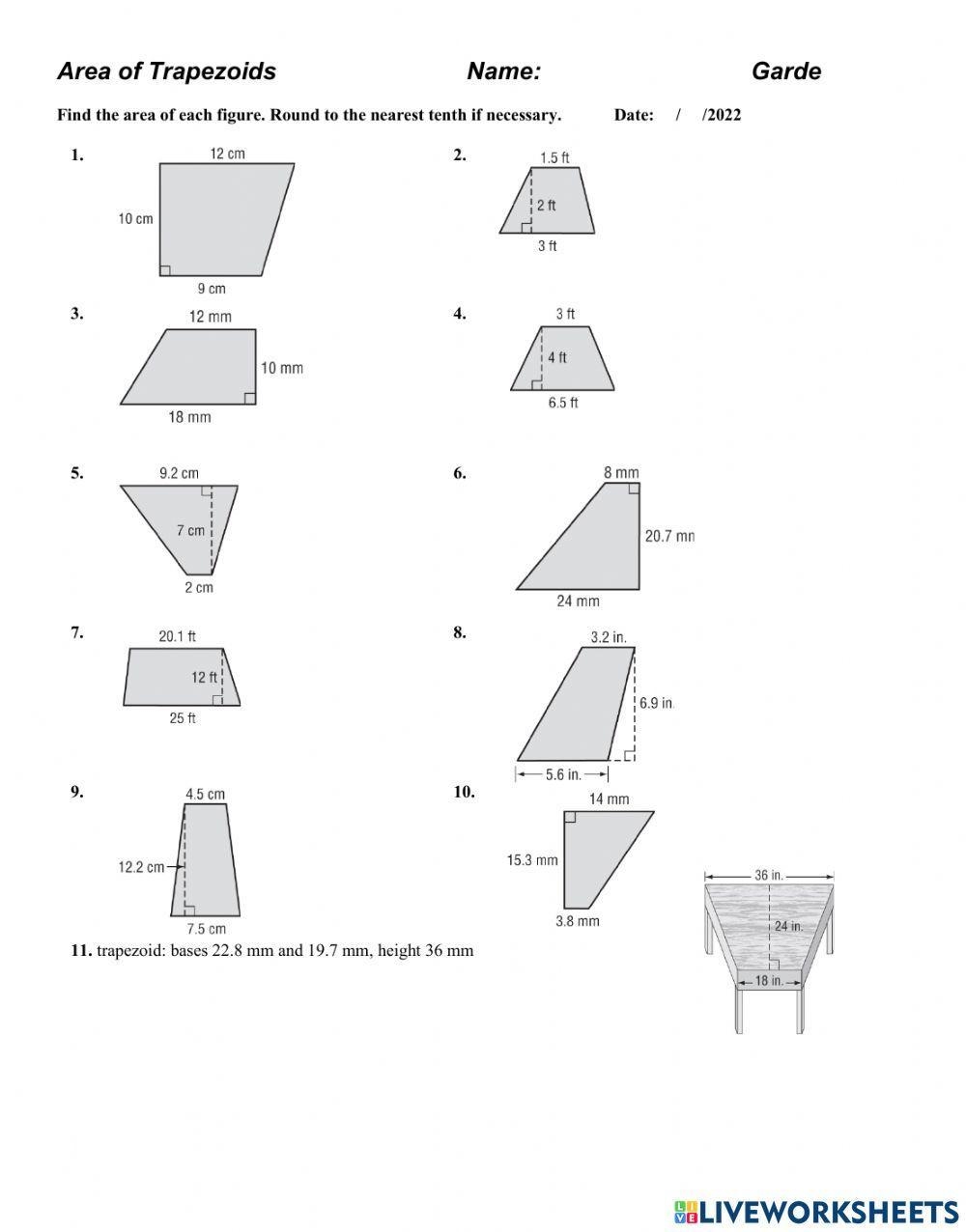area of a trapezoid worksheet