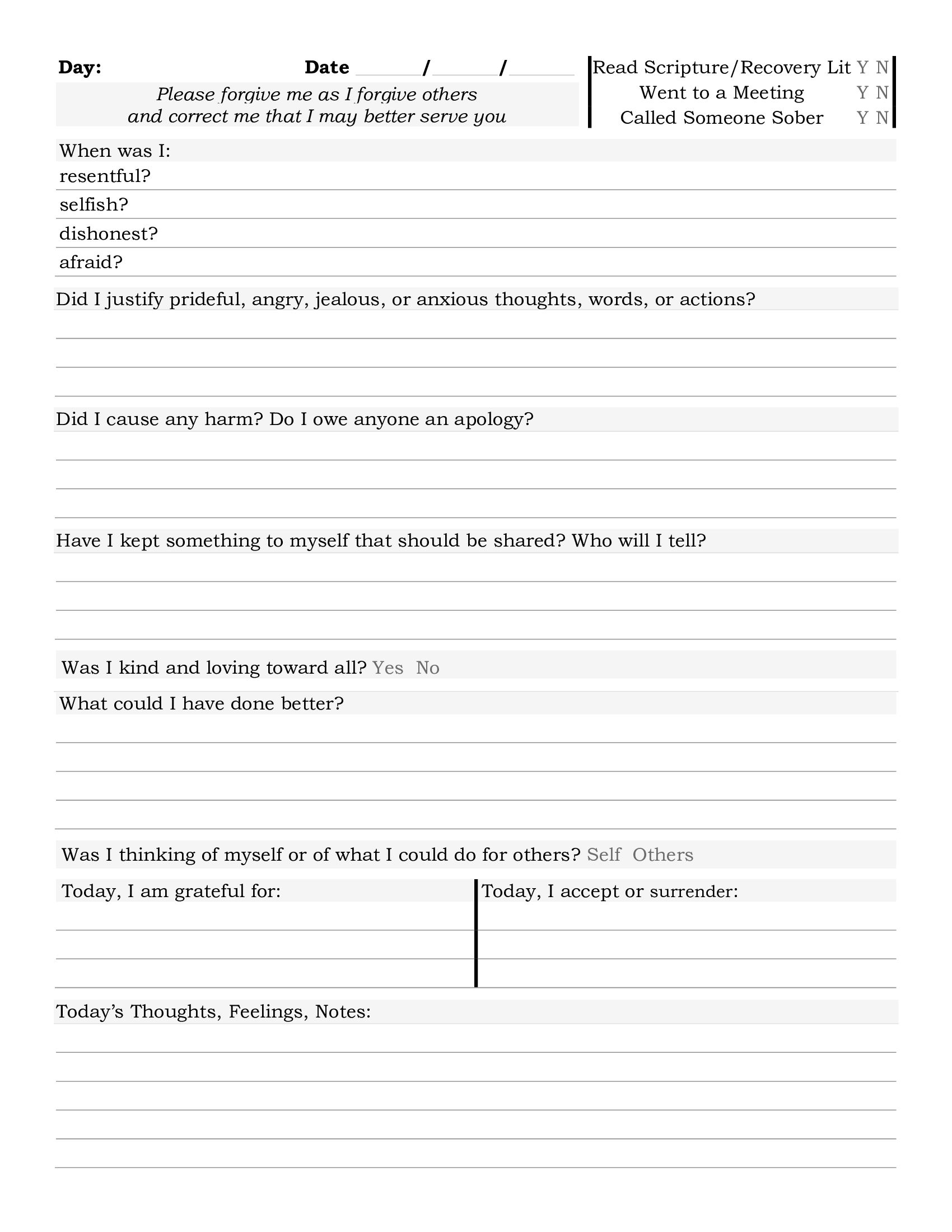 aa step worksheets step 1
