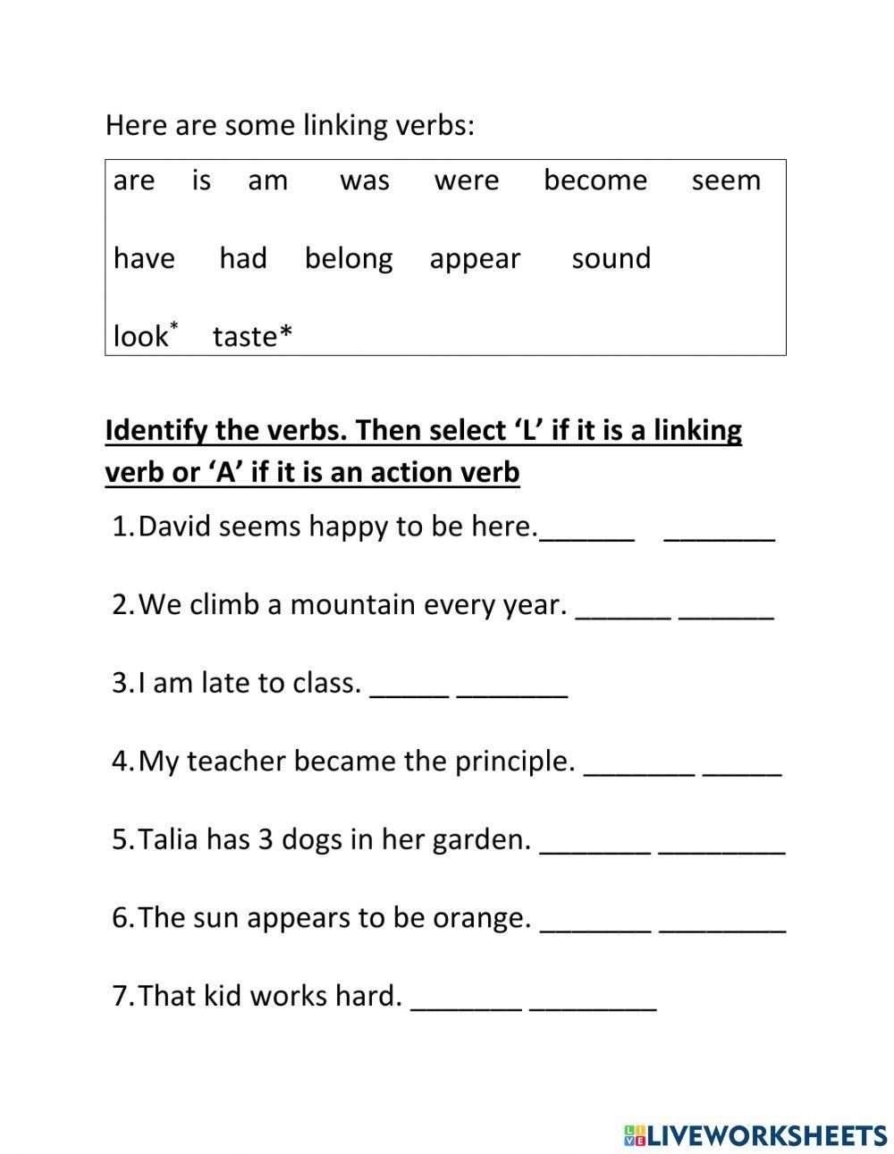 Action And Linking Verbs Online Activity Live Worksheets Worksheets 