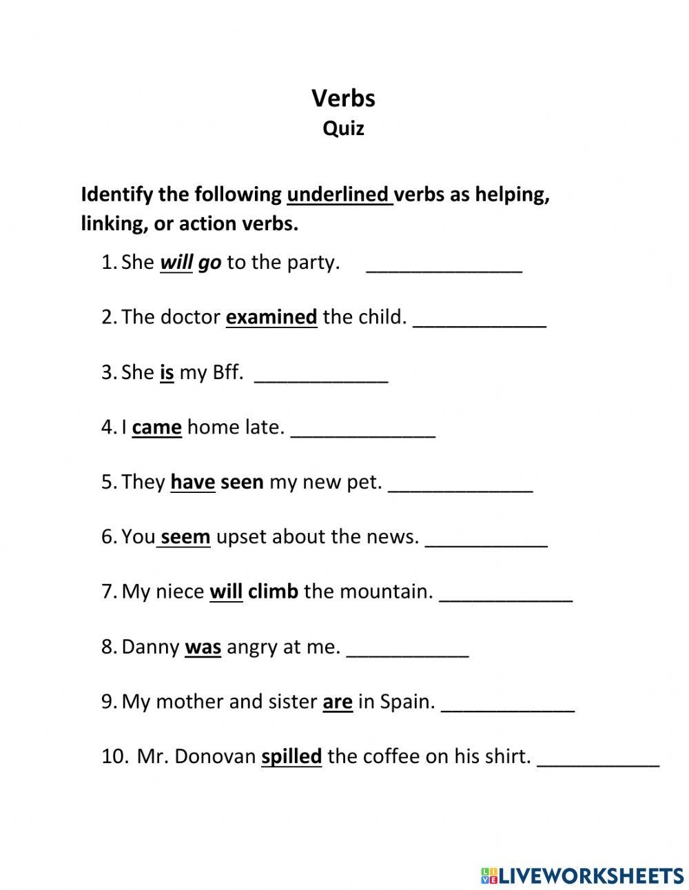 Action Linking And Helping Verbs Online Exercise For Live 