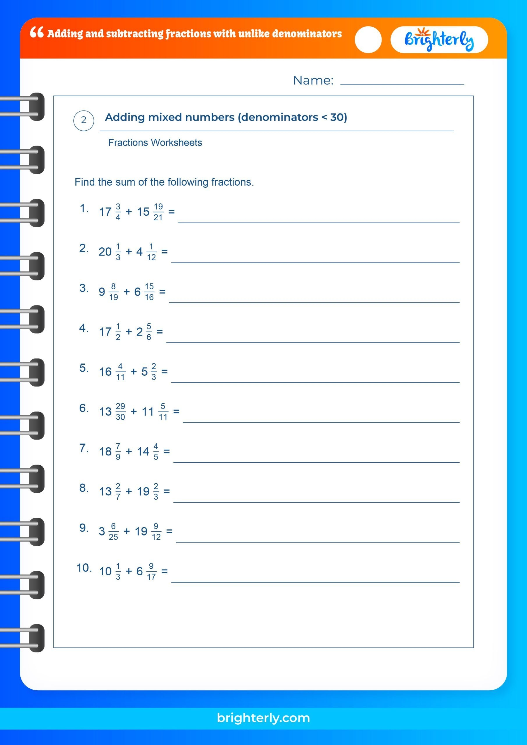 adding and subtracting unlike fractions worksheets