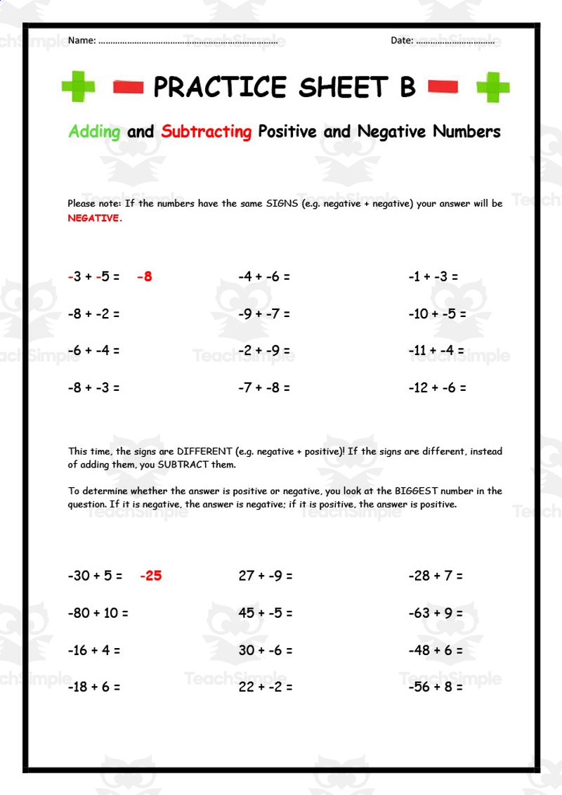Adding And Subtracting Positive And Negative Numbers Practice Sheet B 
