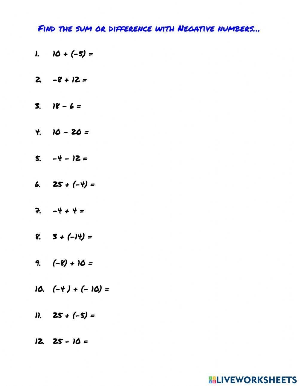 Adding And Subtracting With Negative Integers Worksheet Live 