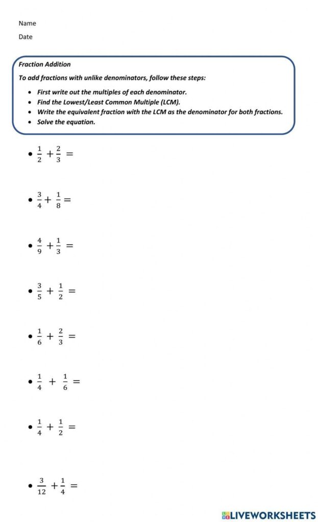 Adding Fractions With Unlike Denominators Exercise Live Worksheets