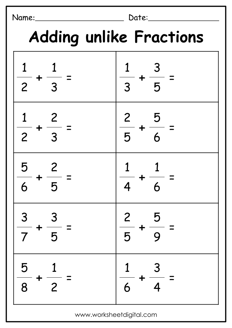adding unlike fractions worksheet