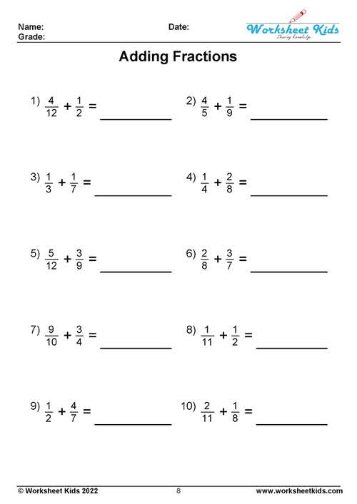 Adding Fractions With Unlike Denominators Worksheets Free PDF 