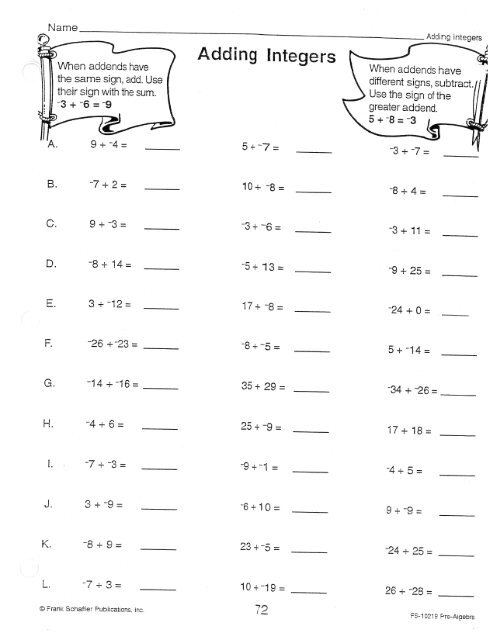 subtracting and adding integers worksheet