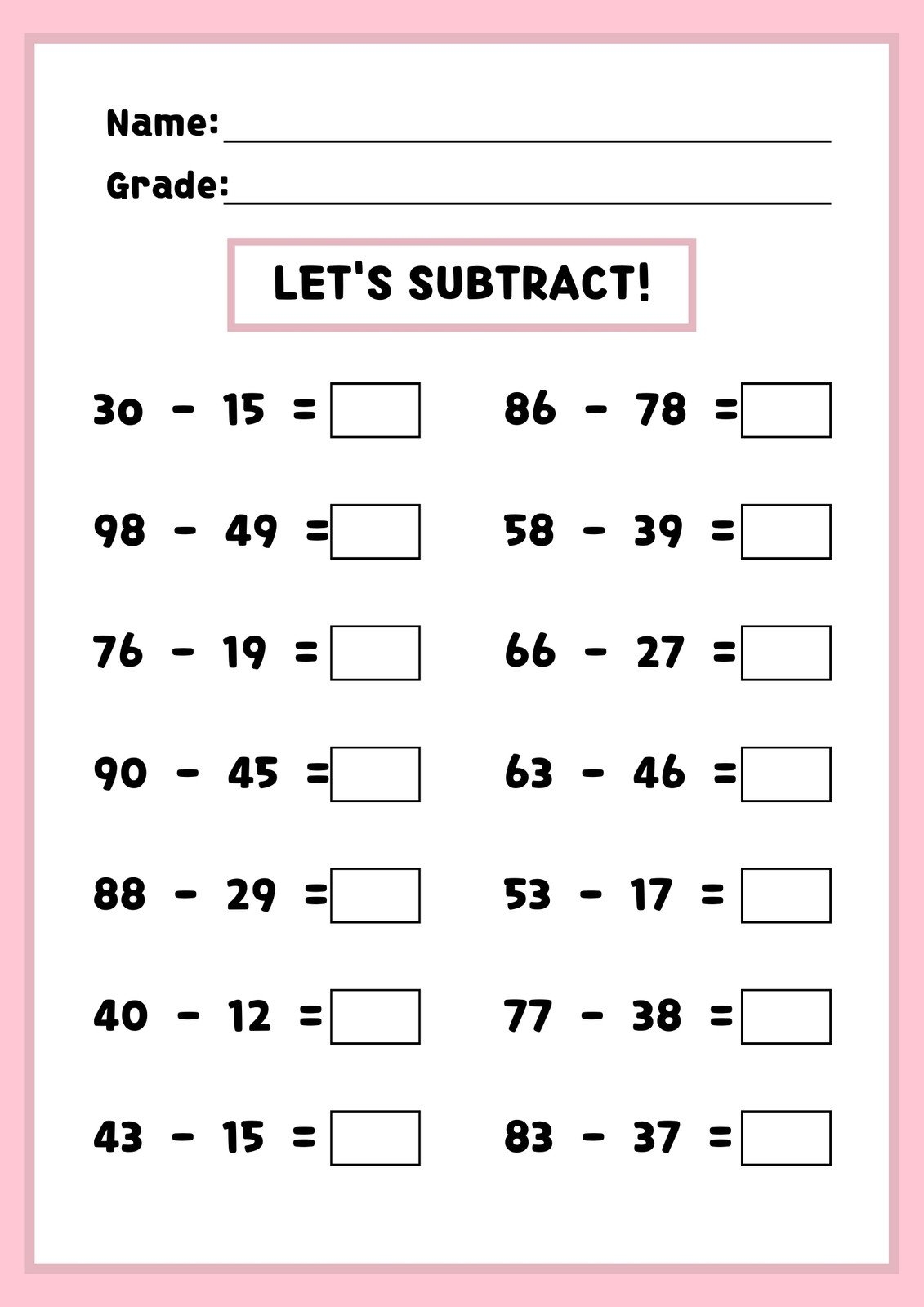 simple subtraction worksheets