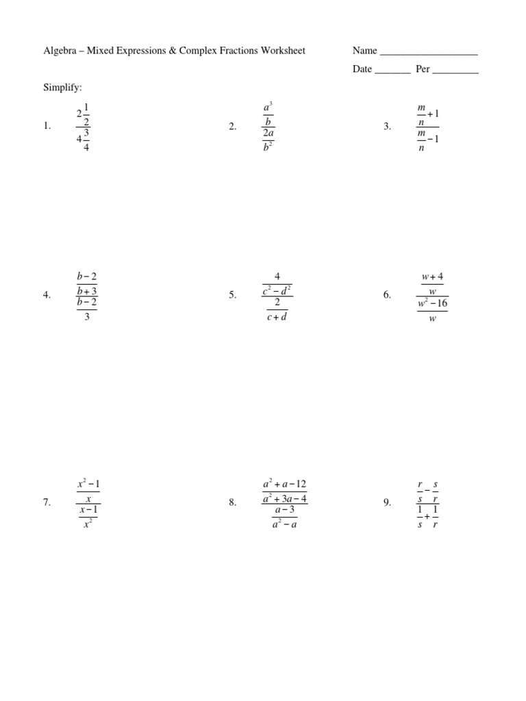 Alg Mixed Expressions Complex Fractions Worksheet PDF 