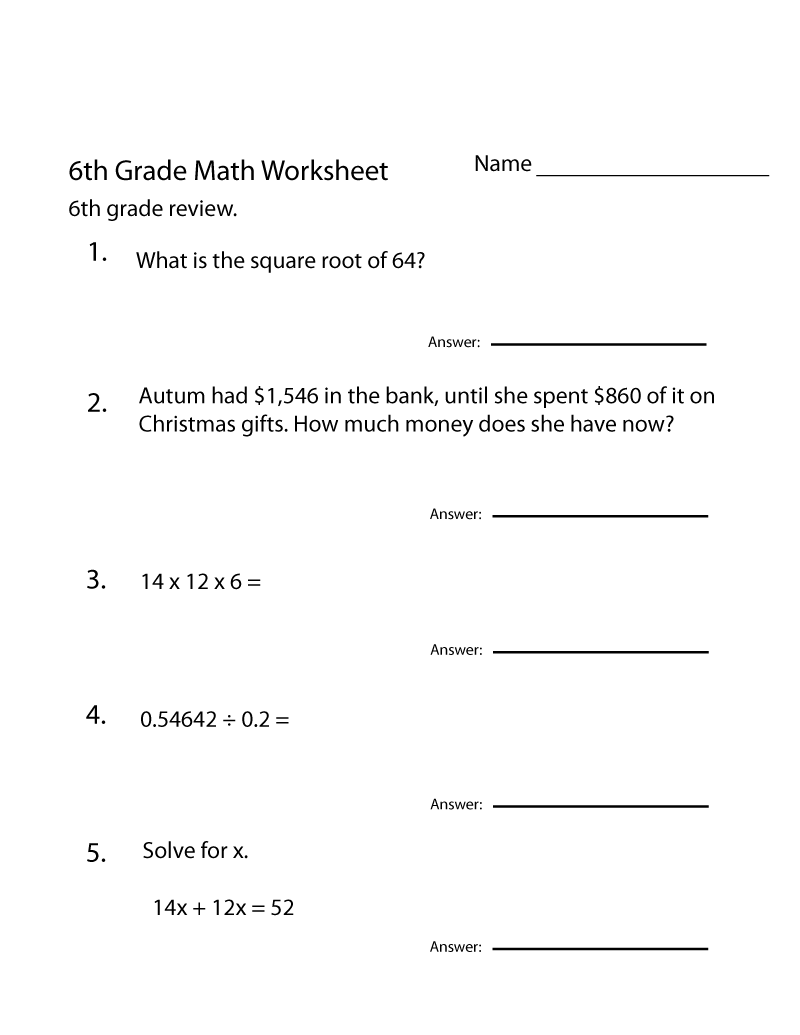 Algebra Worksheets 6th Grade Learning Printable