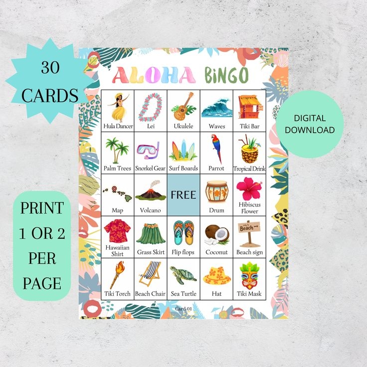 Aloha Bingo Luau Bingo Hawaiian Bingo 30 Printable Luau Bingo Cards 