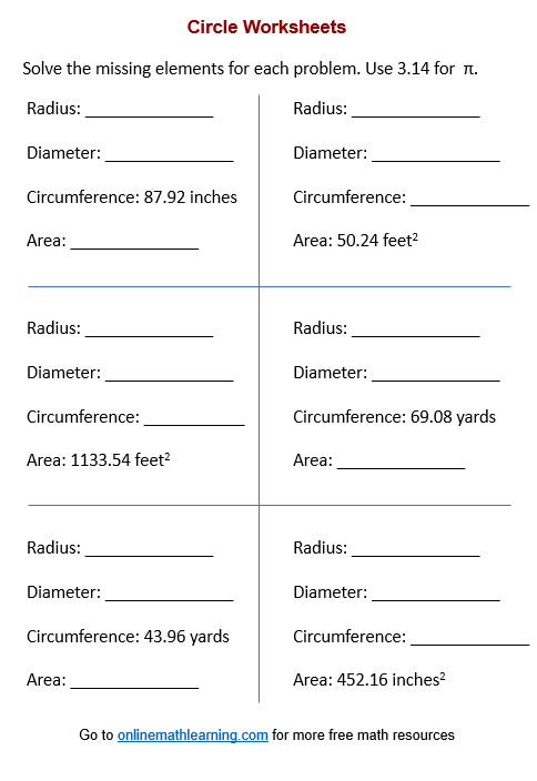 Area From Circumference Worksheets printable Online Answers 
