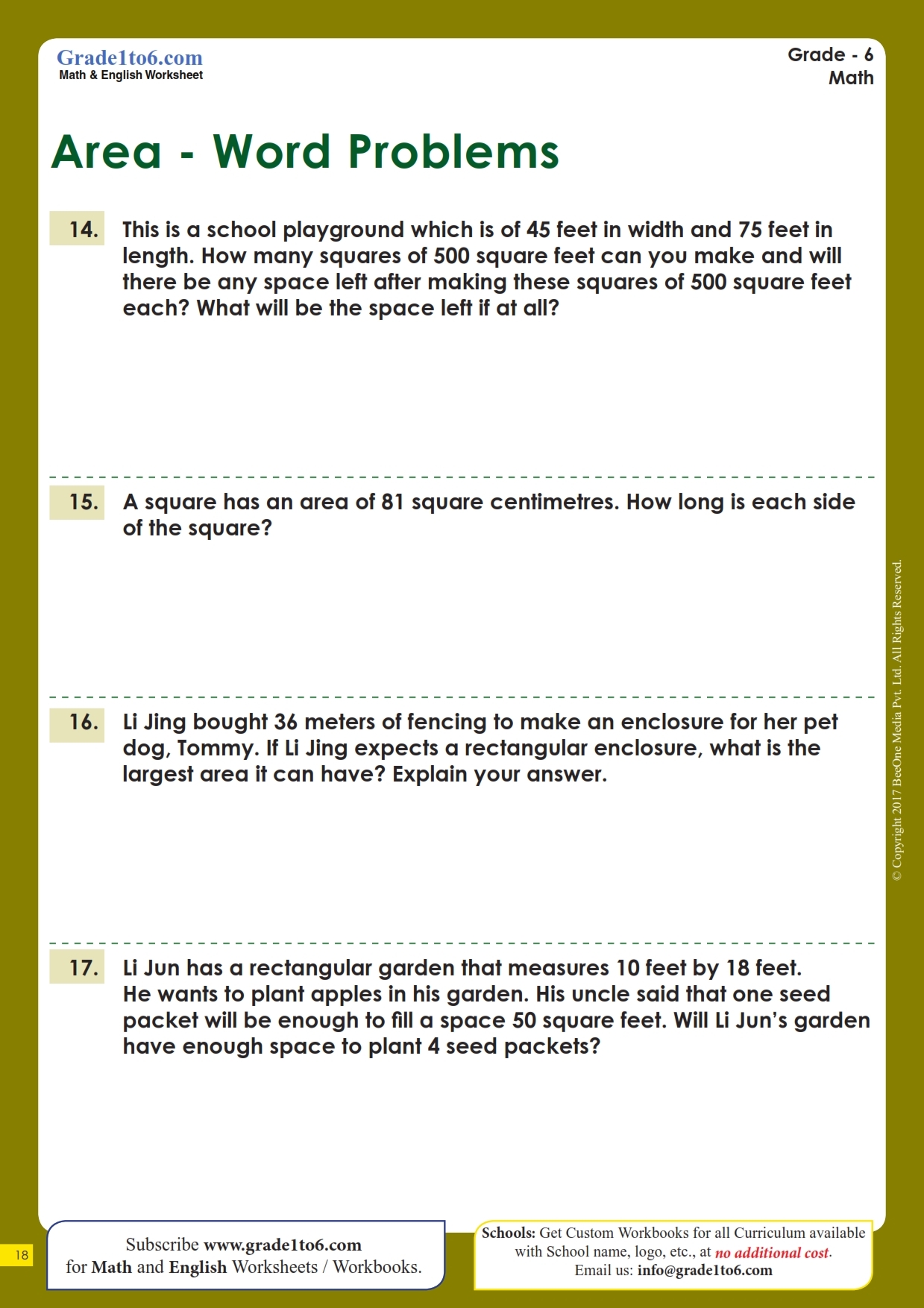 Area Of A Rectangle Word Problem Worksheet Grade1to6 Worksheets Library