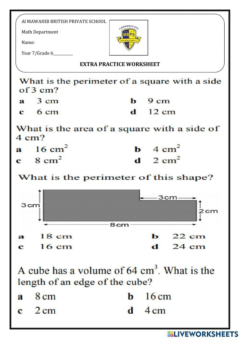 Area Perimeter And Volume Grade 6 Worksheet Live Worksheets 