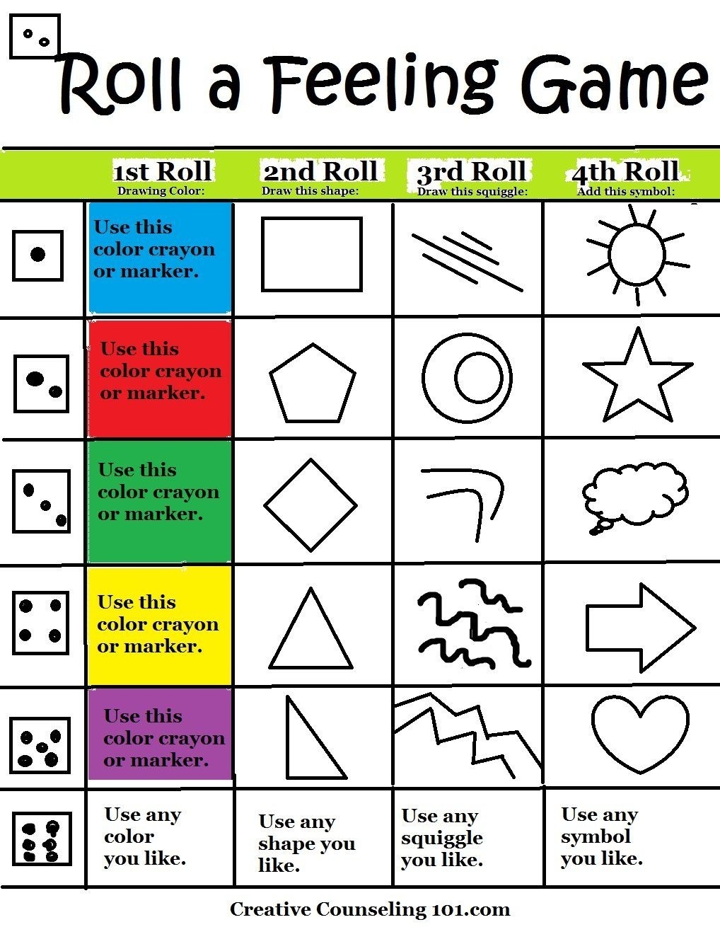 Art Therapy Roll A Feelings Game With Free Art Therapy Game Board 