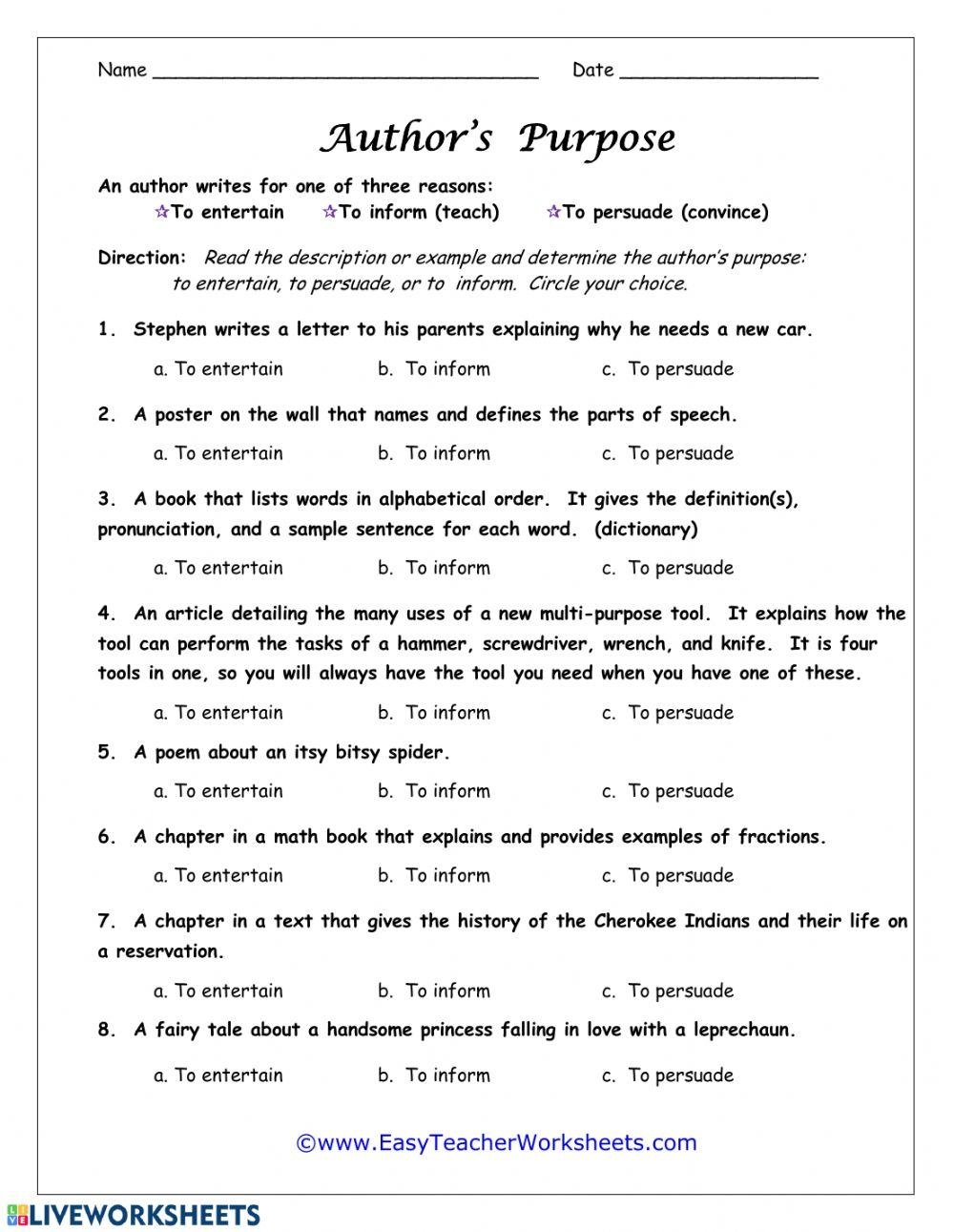 Author 39 s Purpose Worksheet Understanding The Intent Behind Writing