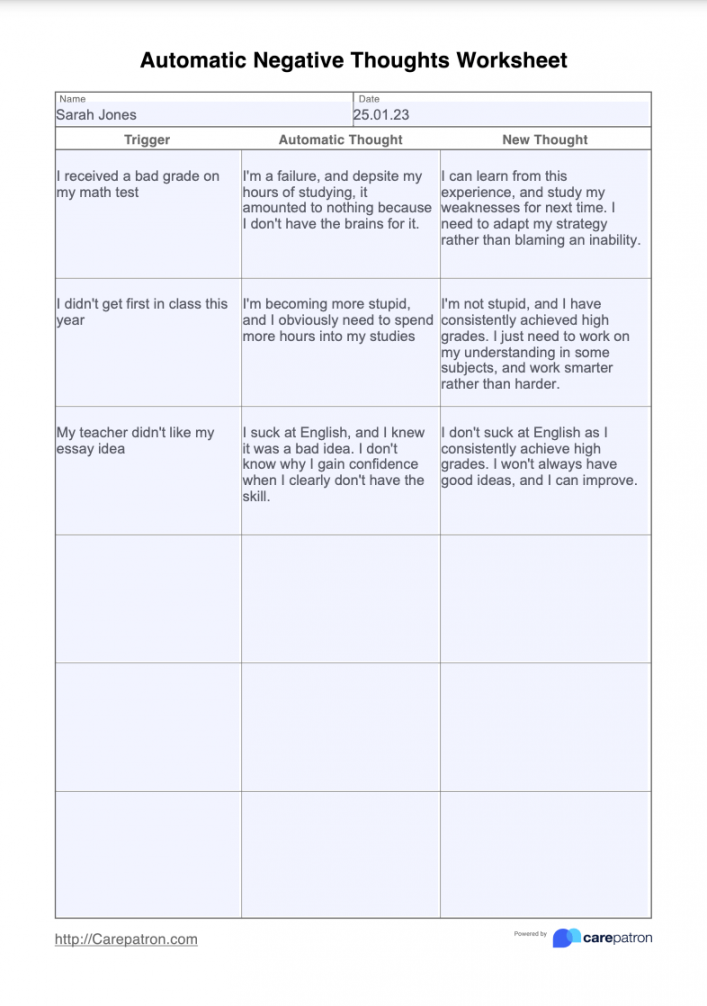 Automatic Negative Thoughts Worksheet