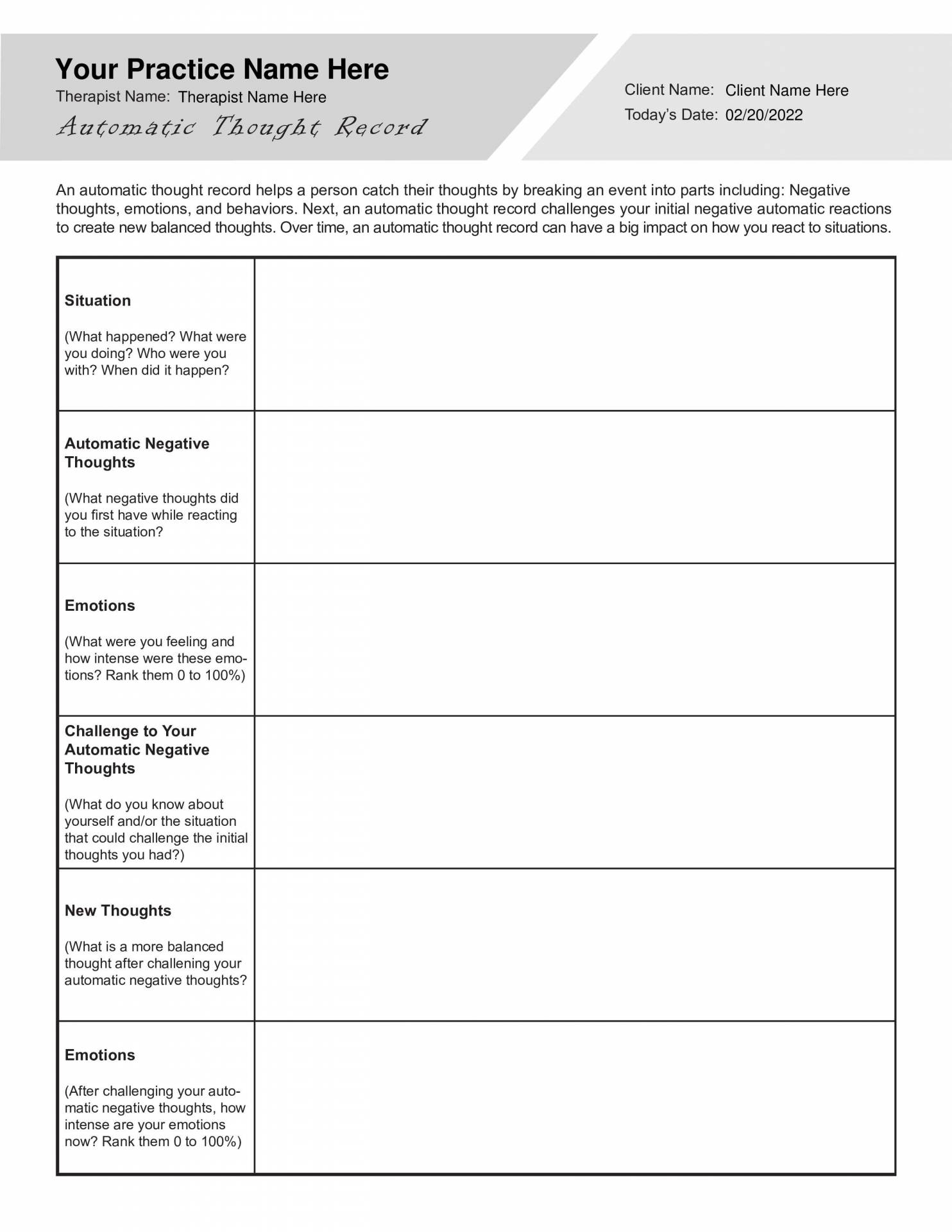 Automatic Thought Record Worksheet PDF Worksheets Library