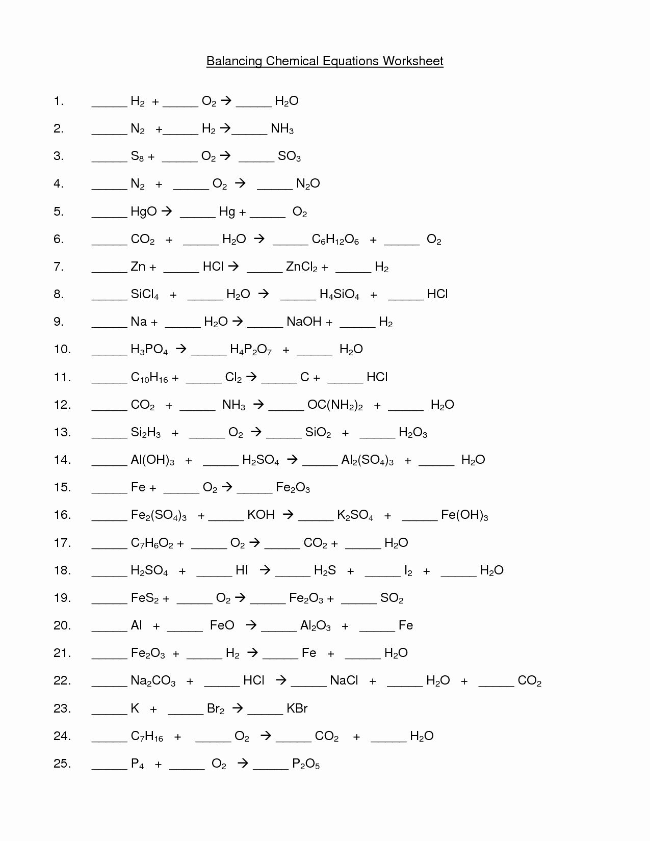 Balancing Chemical Equation Worksheet 1
