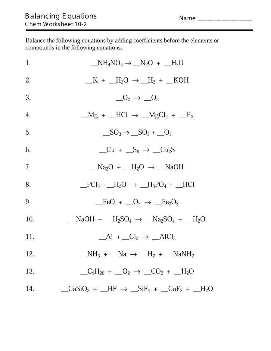 Balancing Chemical Equation Worksheet E streetlight