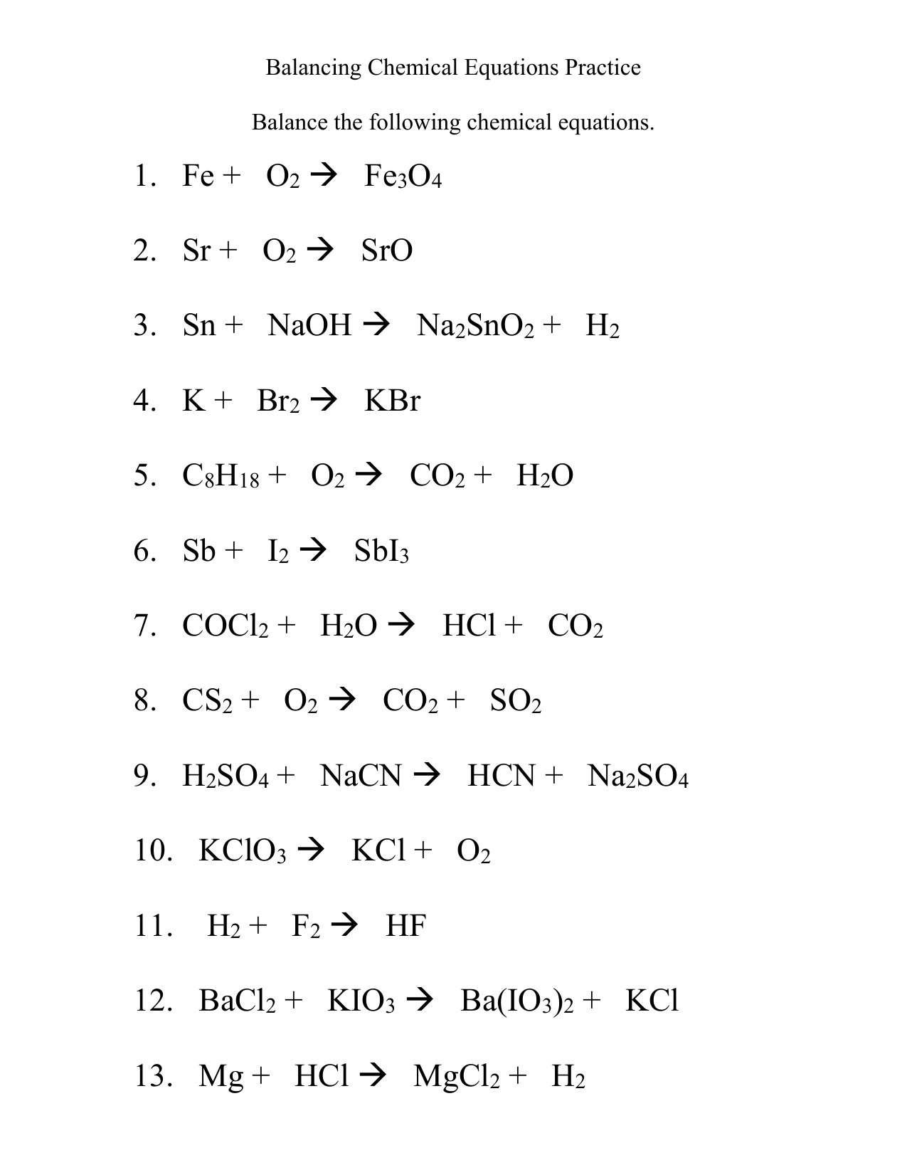 Balancing Chemical Equations Activity Chemistry Worksheet 