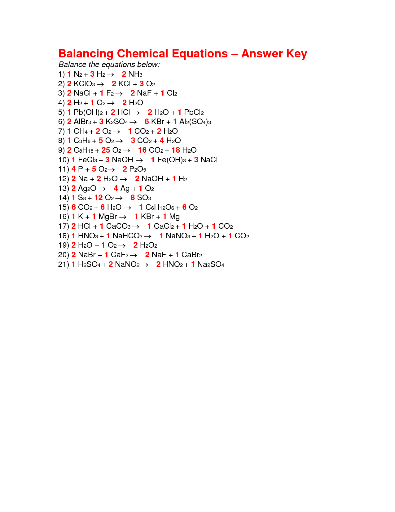 Balancing Chemical Equations Worksheet 1 Answer Key Equations Worksheets