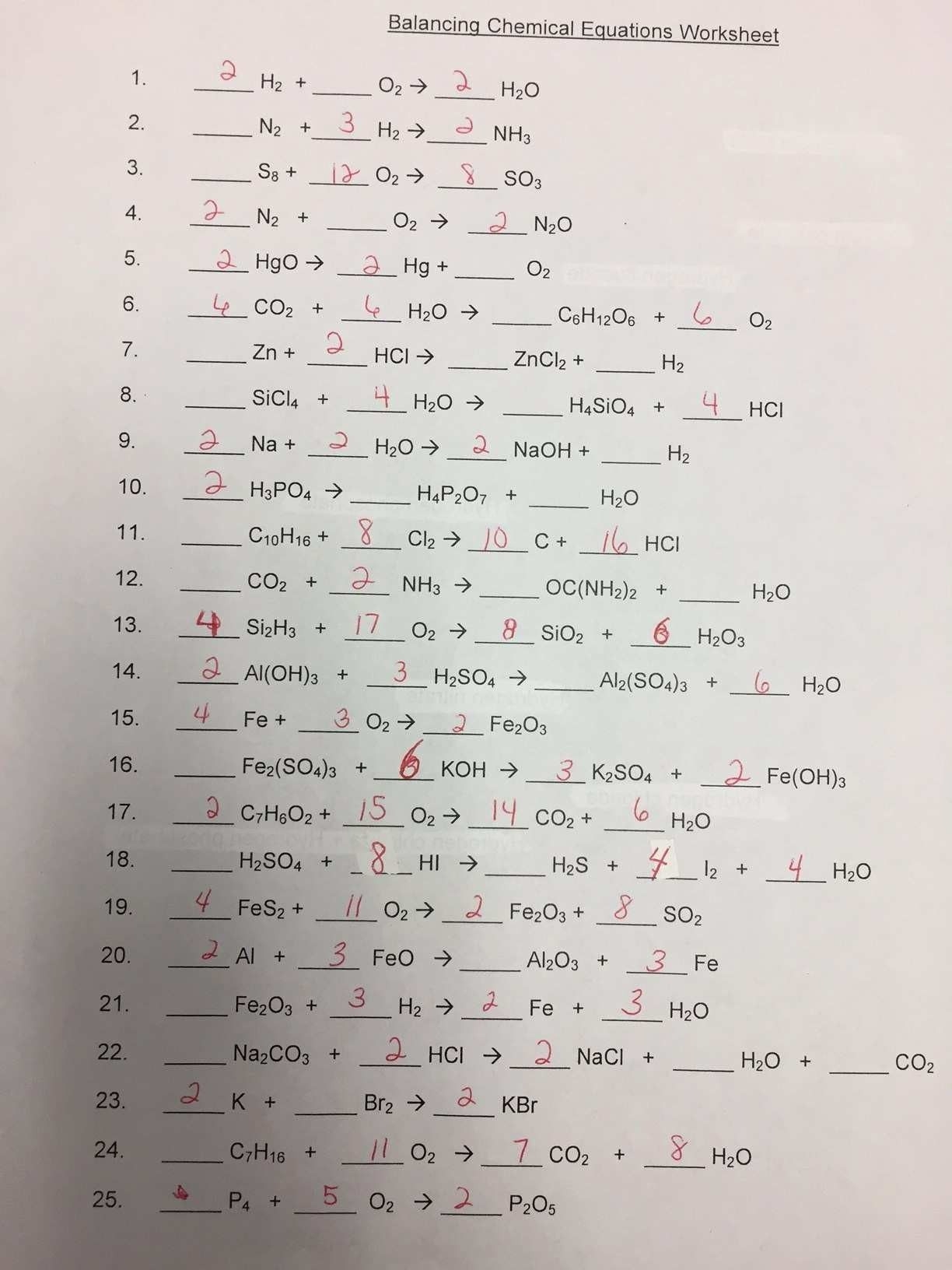 Balancing Chemical Equations Worksheet Answer Key 1 25 Db excel