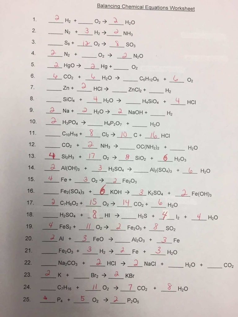 Balancing Chemical Equations Worksheet Answer Key 1 25 Db excel