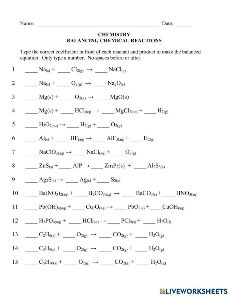 Balancing Chemical Reactions Interactive Worksheet Live Worksheets