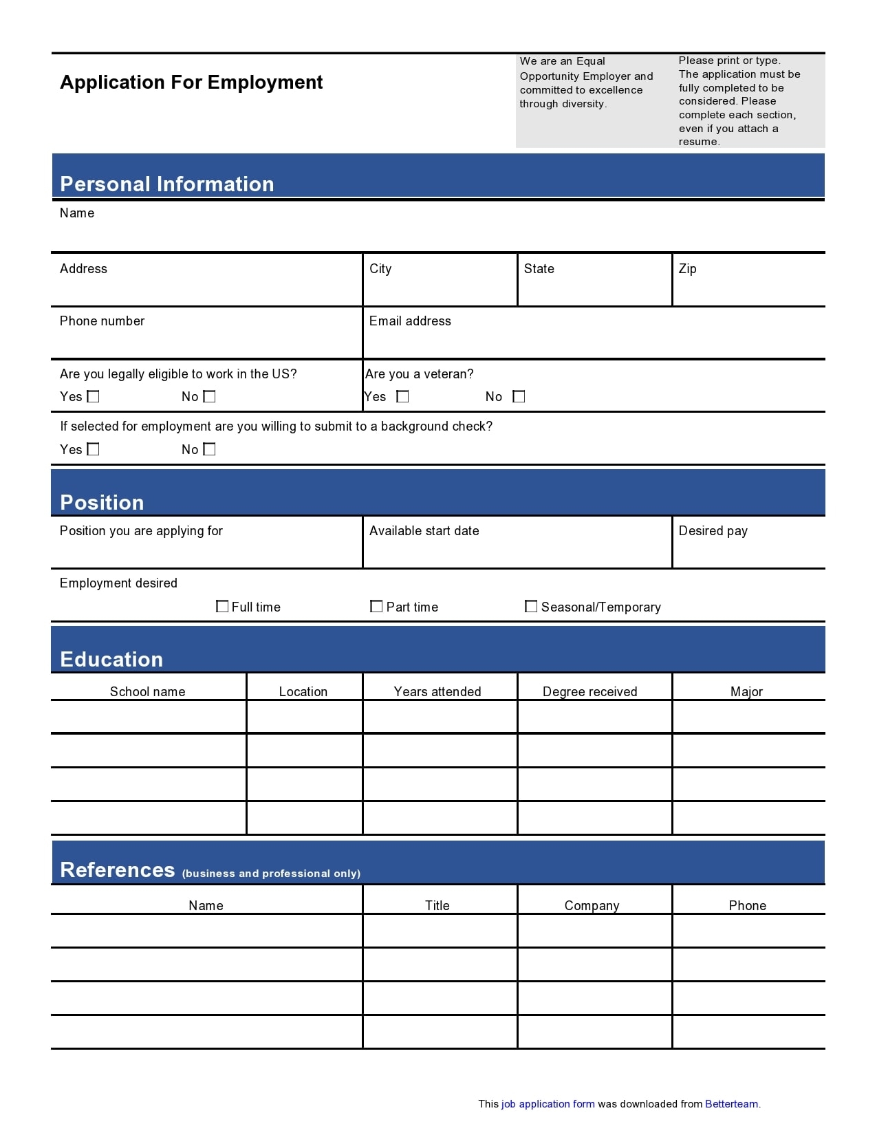free printable application for employment template