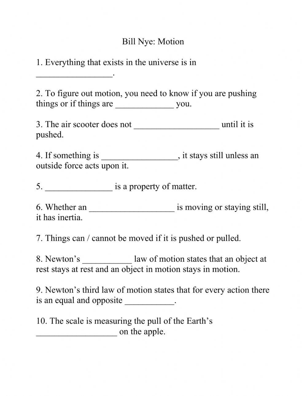 bill nye motion worksheet