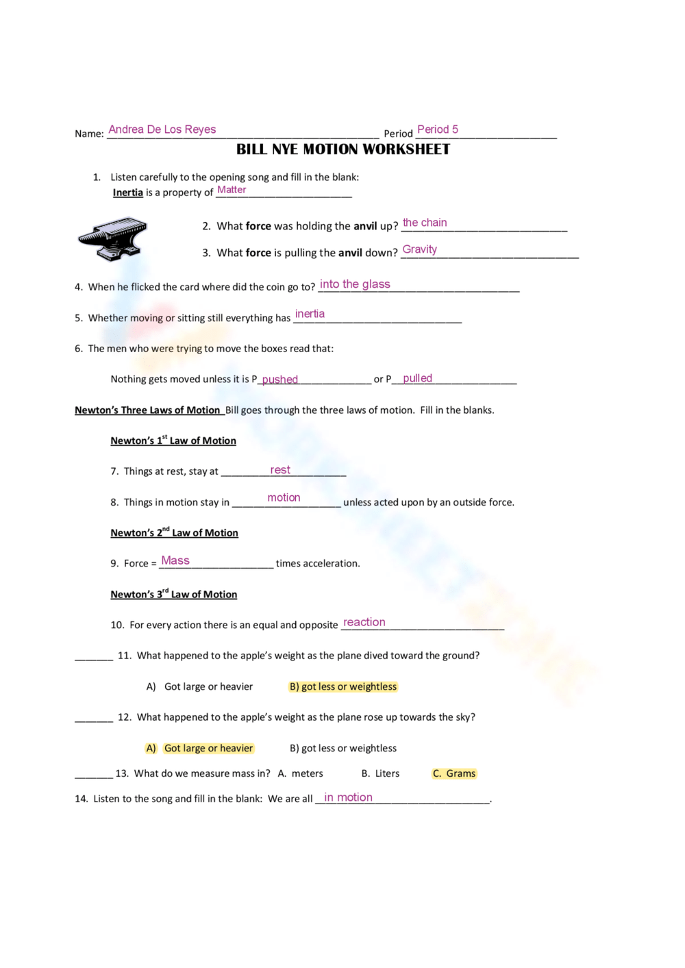 Bill Nye Motion Practice Worksheet Worksheets Library