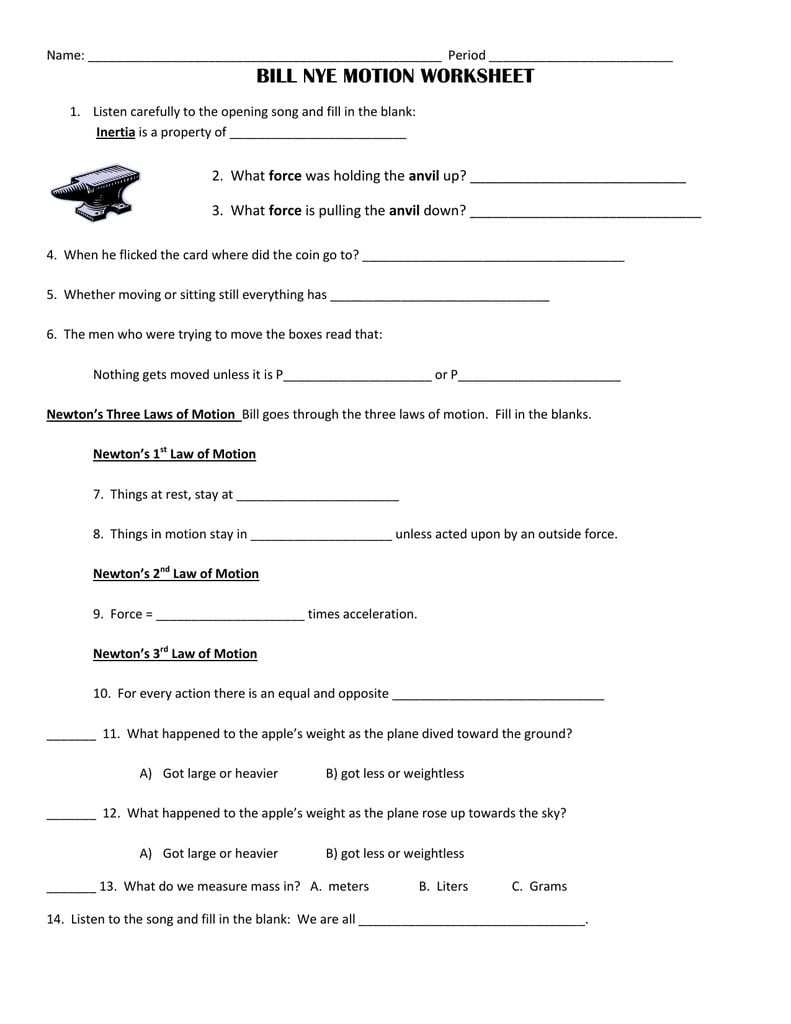 Bill Nye Motion Worksheet Db excel