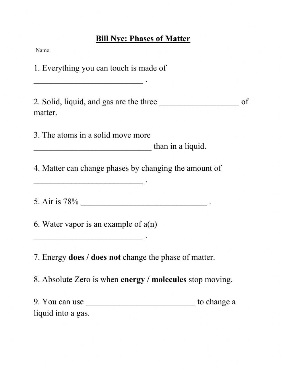 Bill Nye Phases Of Matter Online Exercise For Live Worksheets 