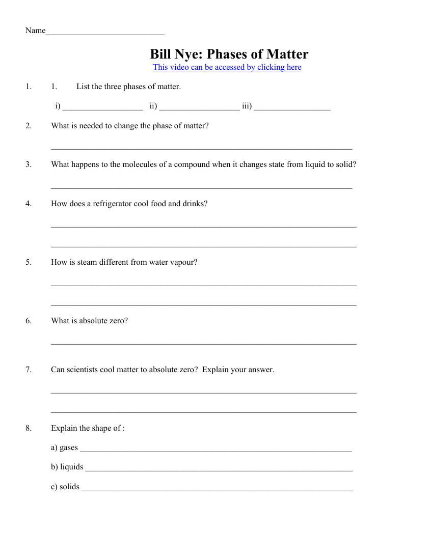 Bill Nye Phases Of Matter Worksheet Pango Worksheets Library