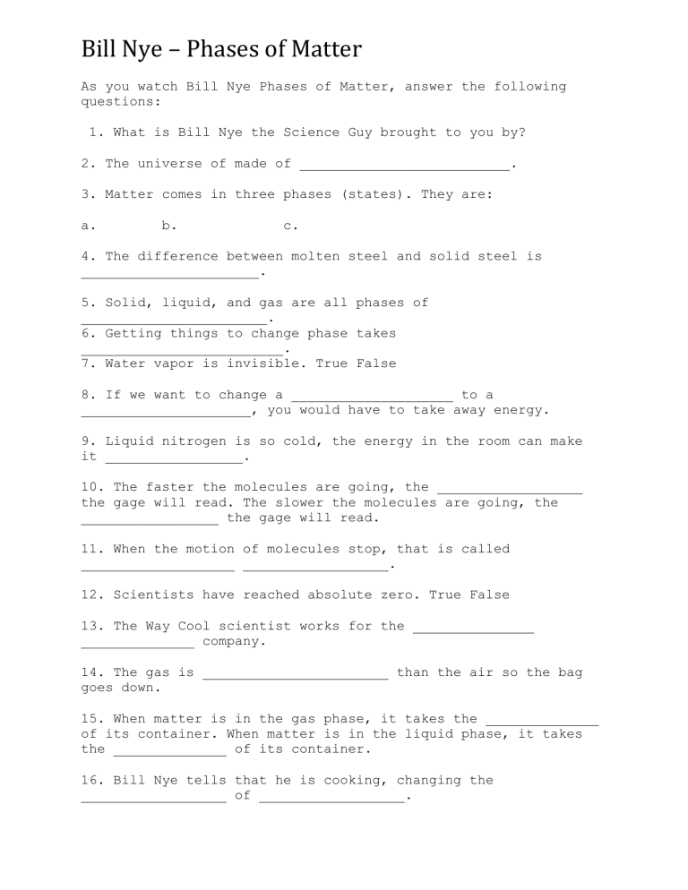 Bill Nye States Of Matter Worksheet Worksheets Library