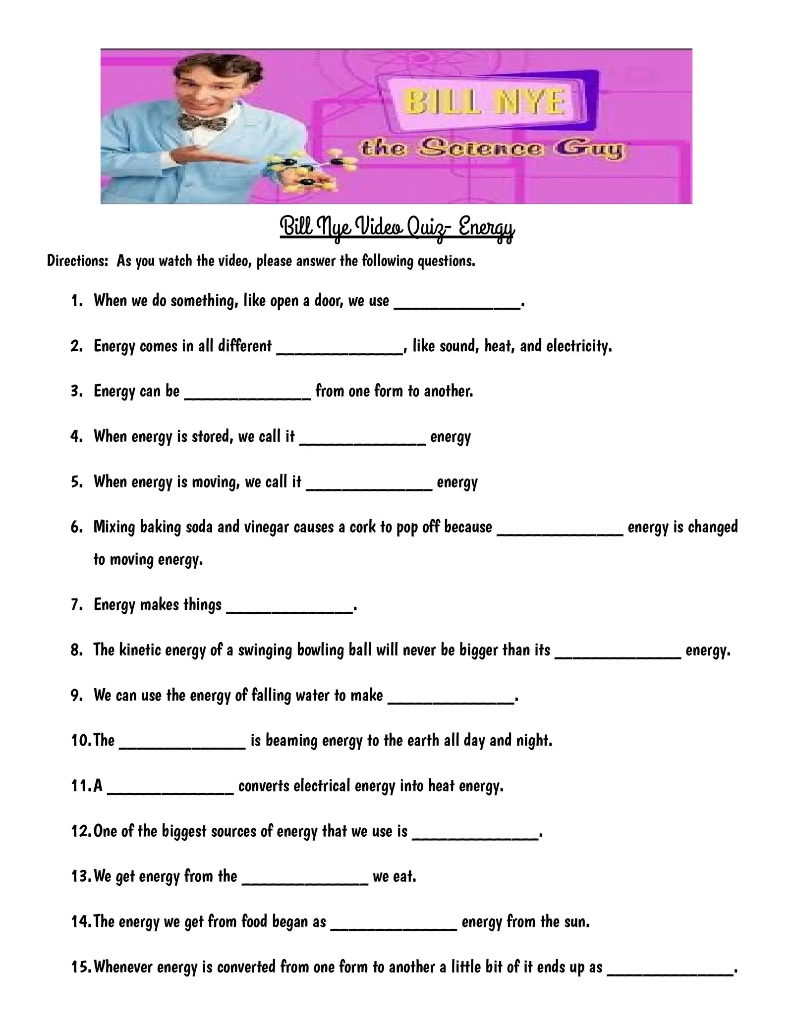 bill nye energy worksheet