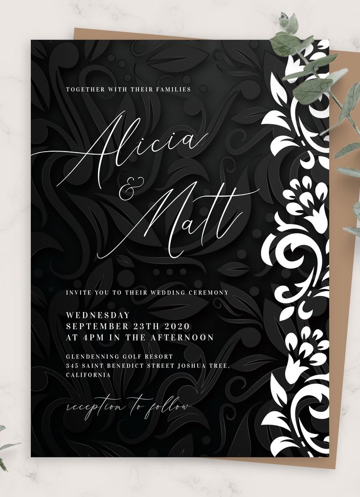 Black Wedding Invitation Template With White Floral Ornament At The