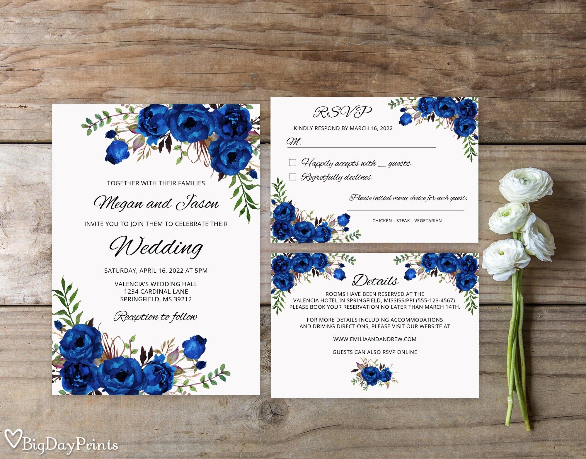 Blue Wedding Invitation Template Royal Blue Wedding Invitation Boho 