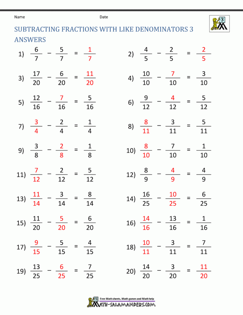 Borrowing Fractions Subtraction Worksheets Subtraction Worksheets